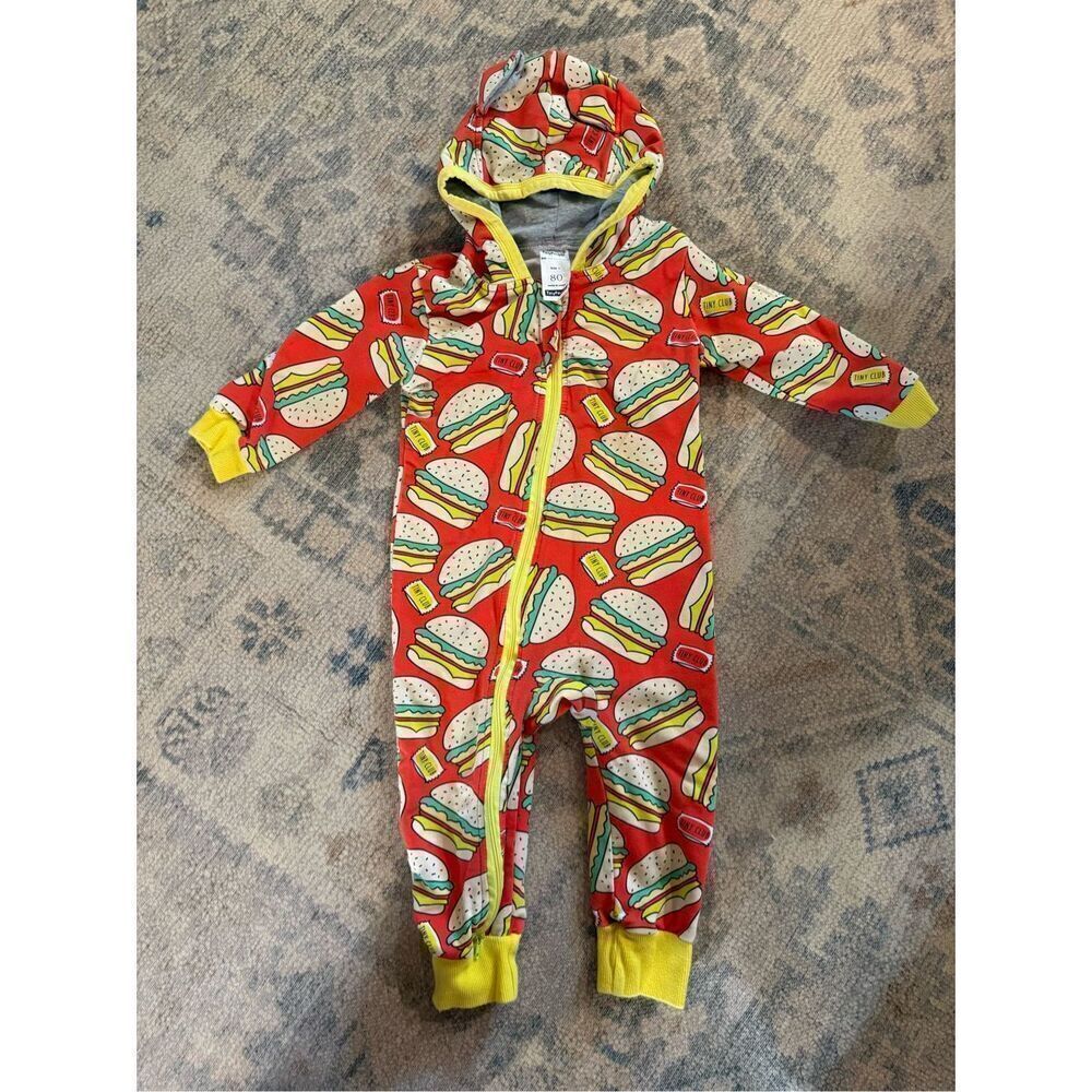 Tiny People Red Yellow Hamburger Hoodie One Piece Pajama Size 12-18 Months
